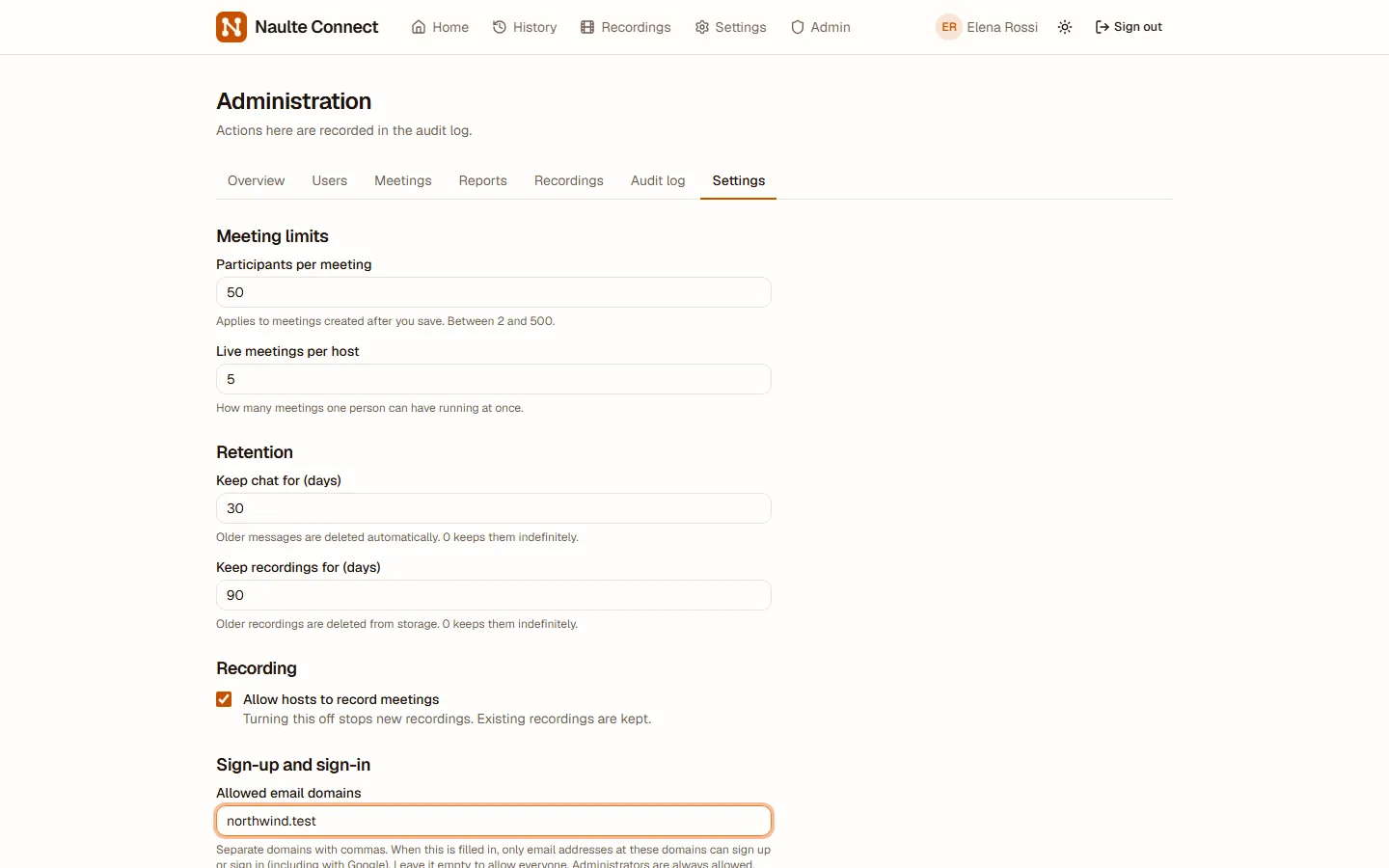 The admin Settings page with meeting limits, retention and an allowed email domains field