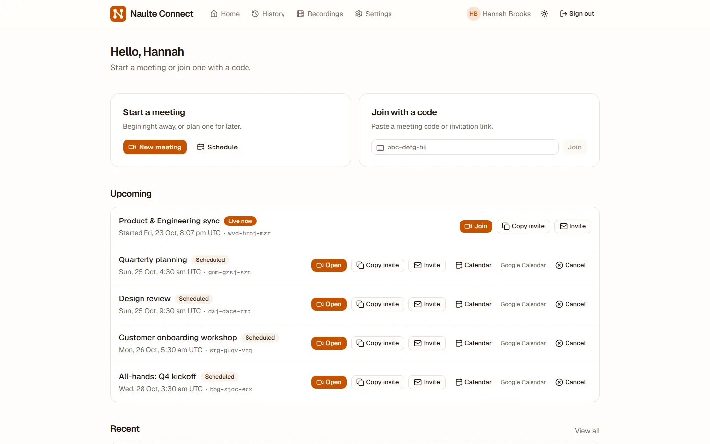 The Naulte Connect dashboard listing a live meeting and four upcoming meetings, each with invite and calendar actions