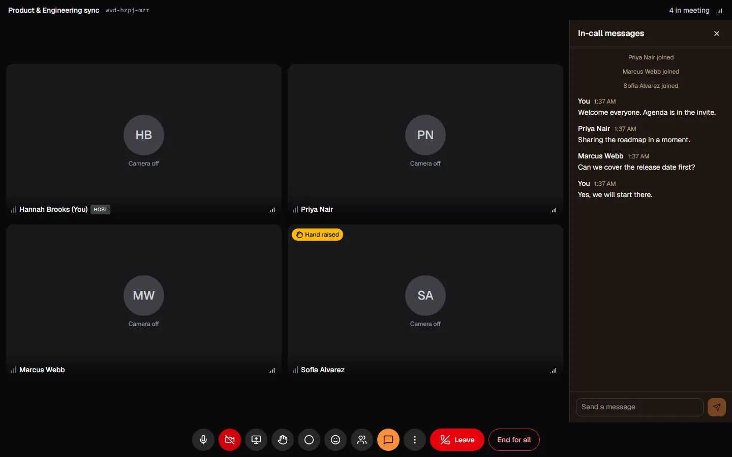 A Naulte Connect meeting with four participants and the in-call chat open